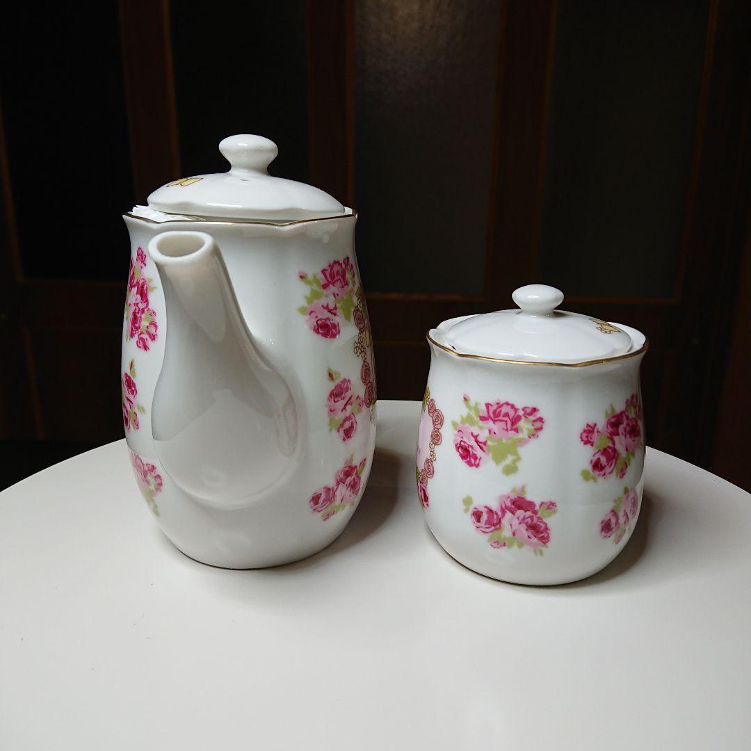 ティーセット バラ ホワイト 5点 ハローキティ × ローラアシュレイ 金彩劣化