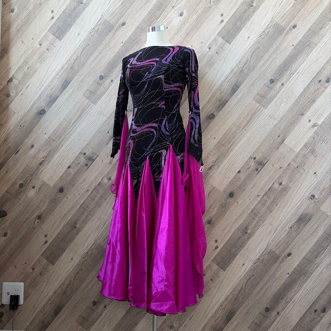 サンヨシムラ 日本製 社交ダンス 衣装 長袖 ドレス ラテン スタンダード 黒L