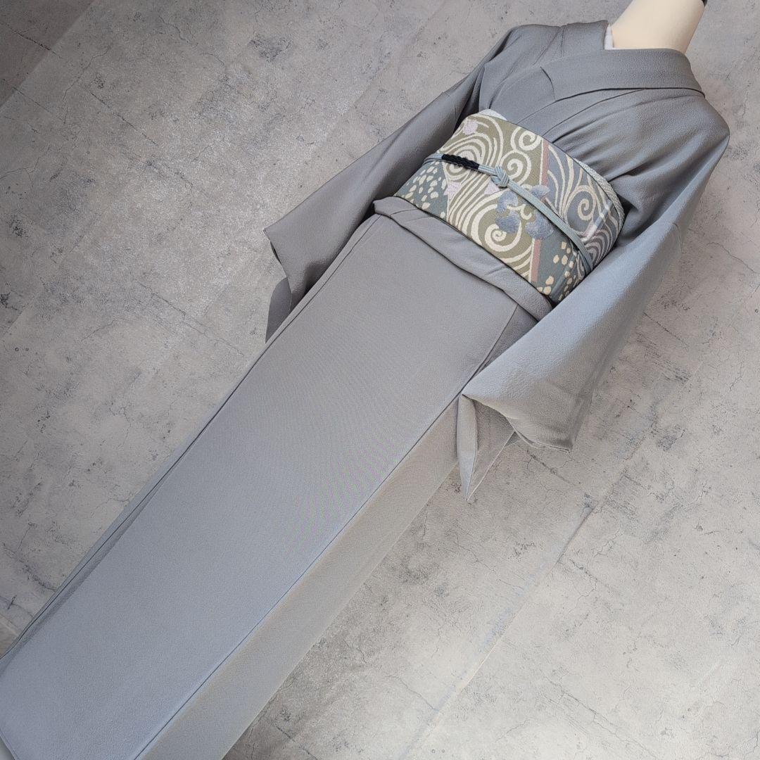 色無地　着物　フルセット　正絹　グレー　帯渦巻き　D2