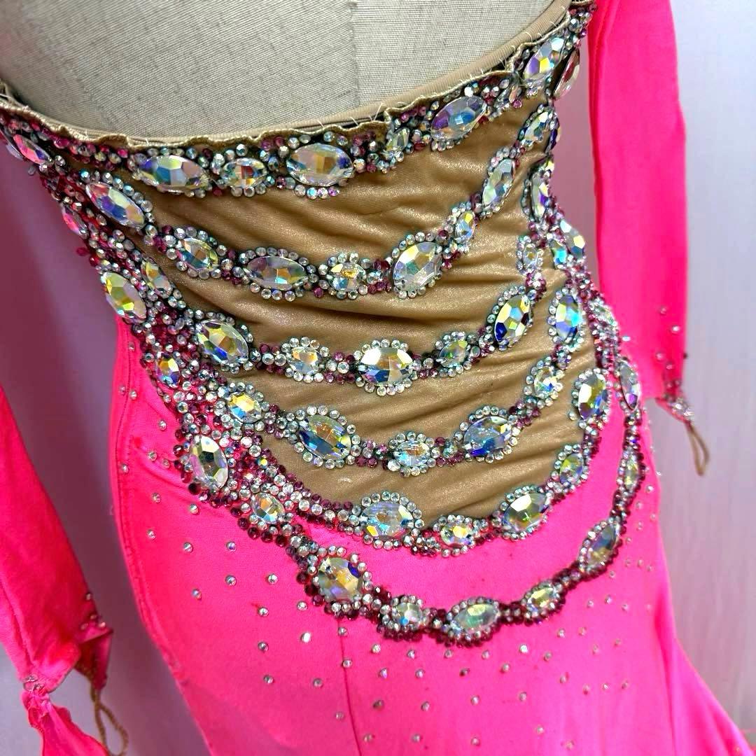 Y5697★SM★ピンク オーストリッチ スワロ スタンダードドレス☆社交ダンス