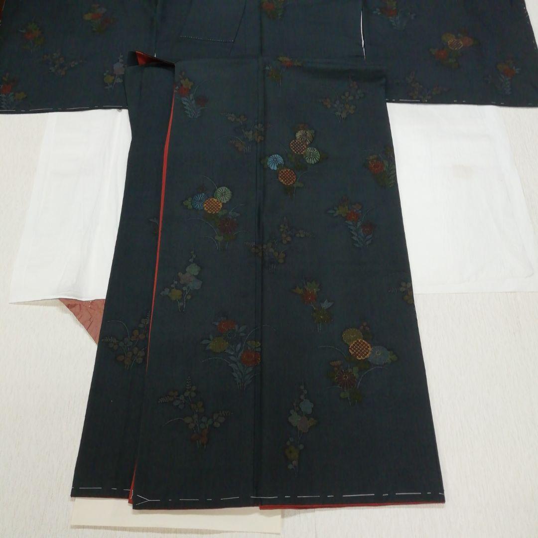 ❮未使用❯結城紬付け下げ▪限りなく紺色に近いグリーン地に小花模様肩身丈162.5