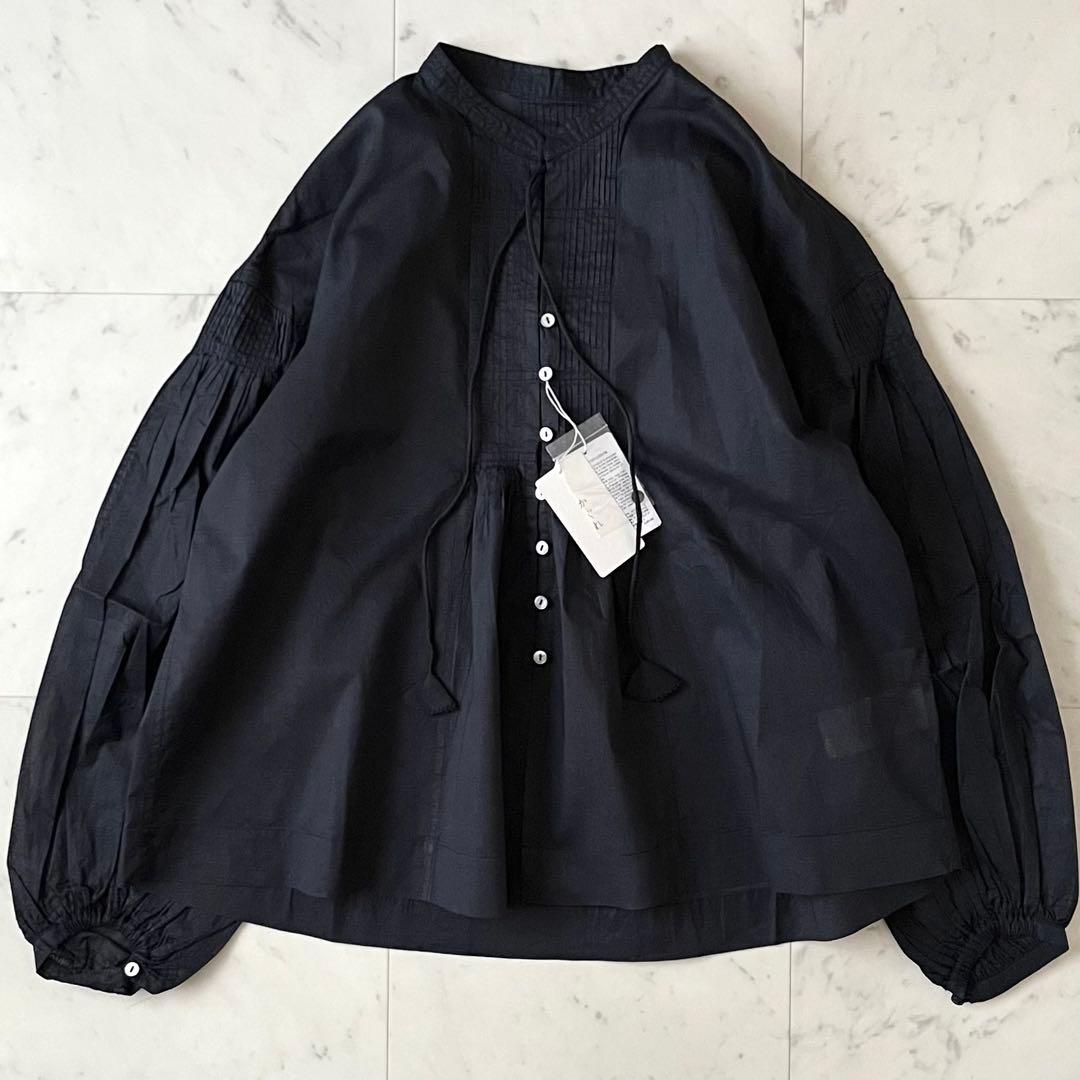 人気完売品＊タグ付 かぐれ コットンオーガンジーブラウス F 黒 長袖 日本製