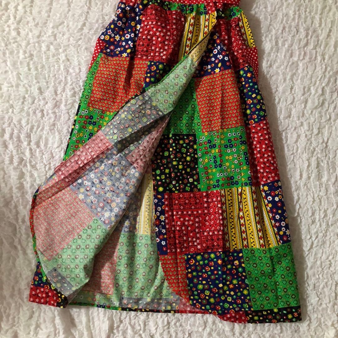 レトロポップ　総柄　エスニック　アジアン　ロング　エプロンドレス