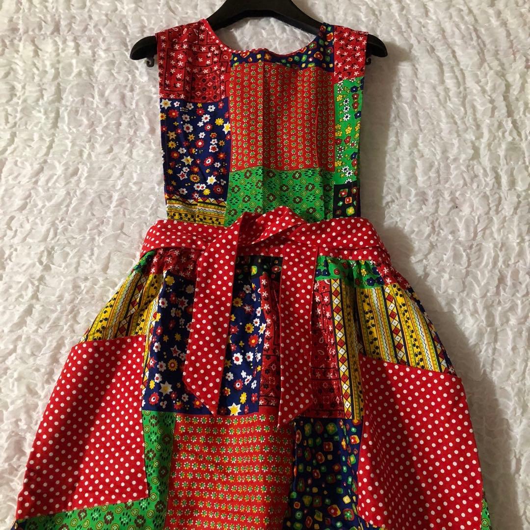 レトロポップ　総柄　エスニック　アジアン　ロング　エプロンドレス