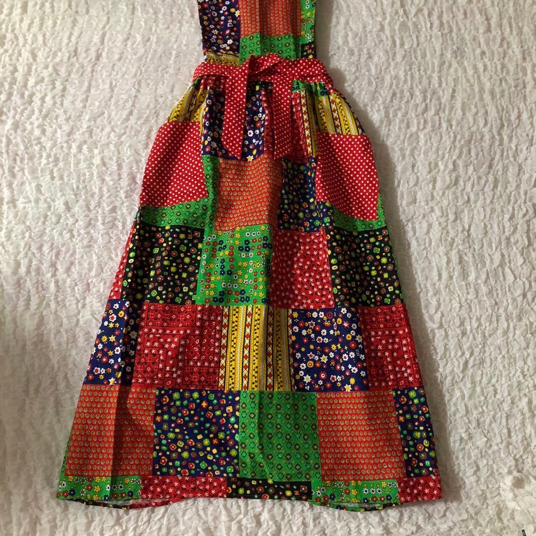 レトロポップ　総柄　エスニック　アジアン　ロング　エプロンドレス