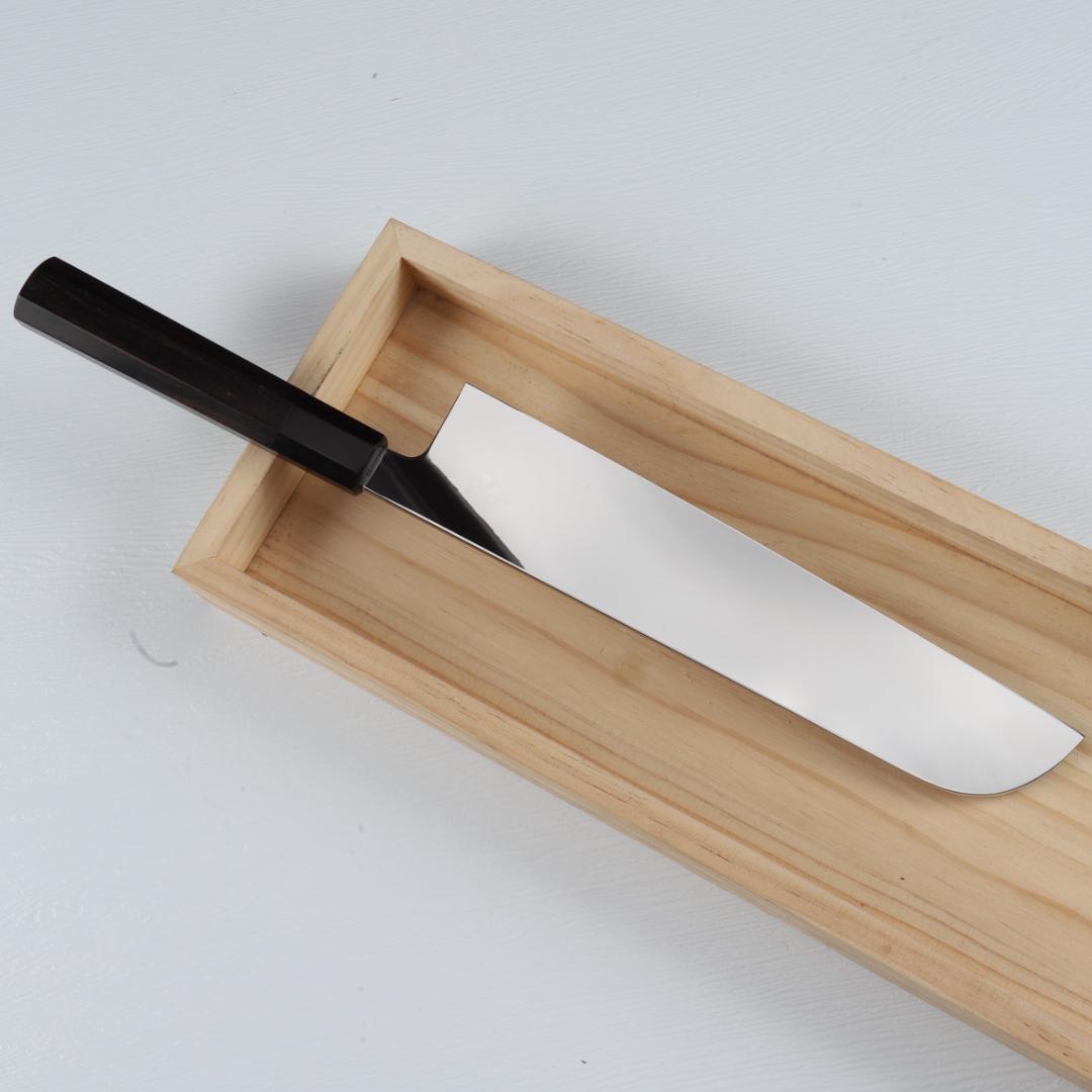 7669梵静刃物 ウルトラ鏡面（完全手研ぎ）鎌型薄刃包丁 8寸 黒檀黒水牛八角柄