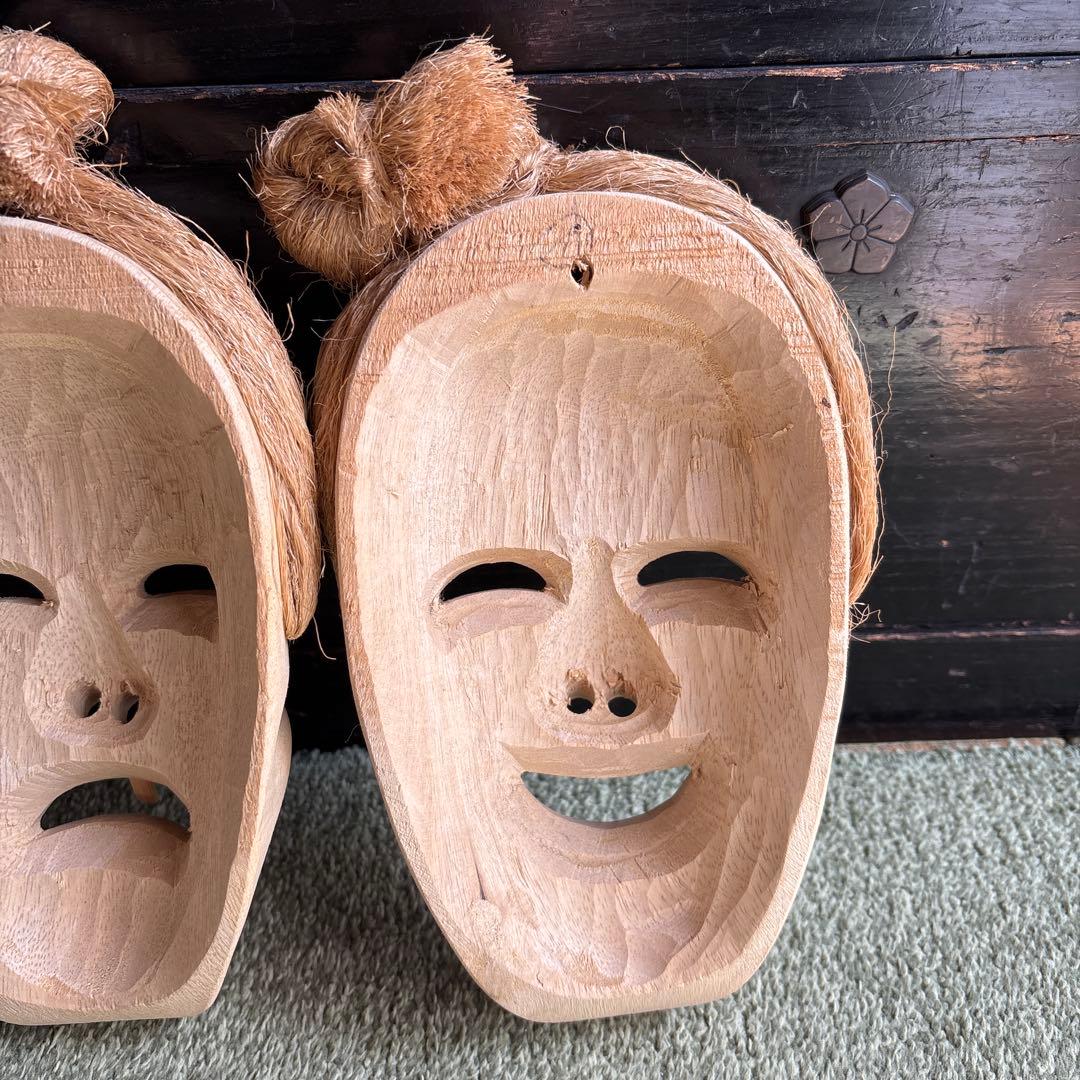 沖縄　八重山　アンガマの面　田場由盛　木製面　沖縄工芸品　お面　盆踊り