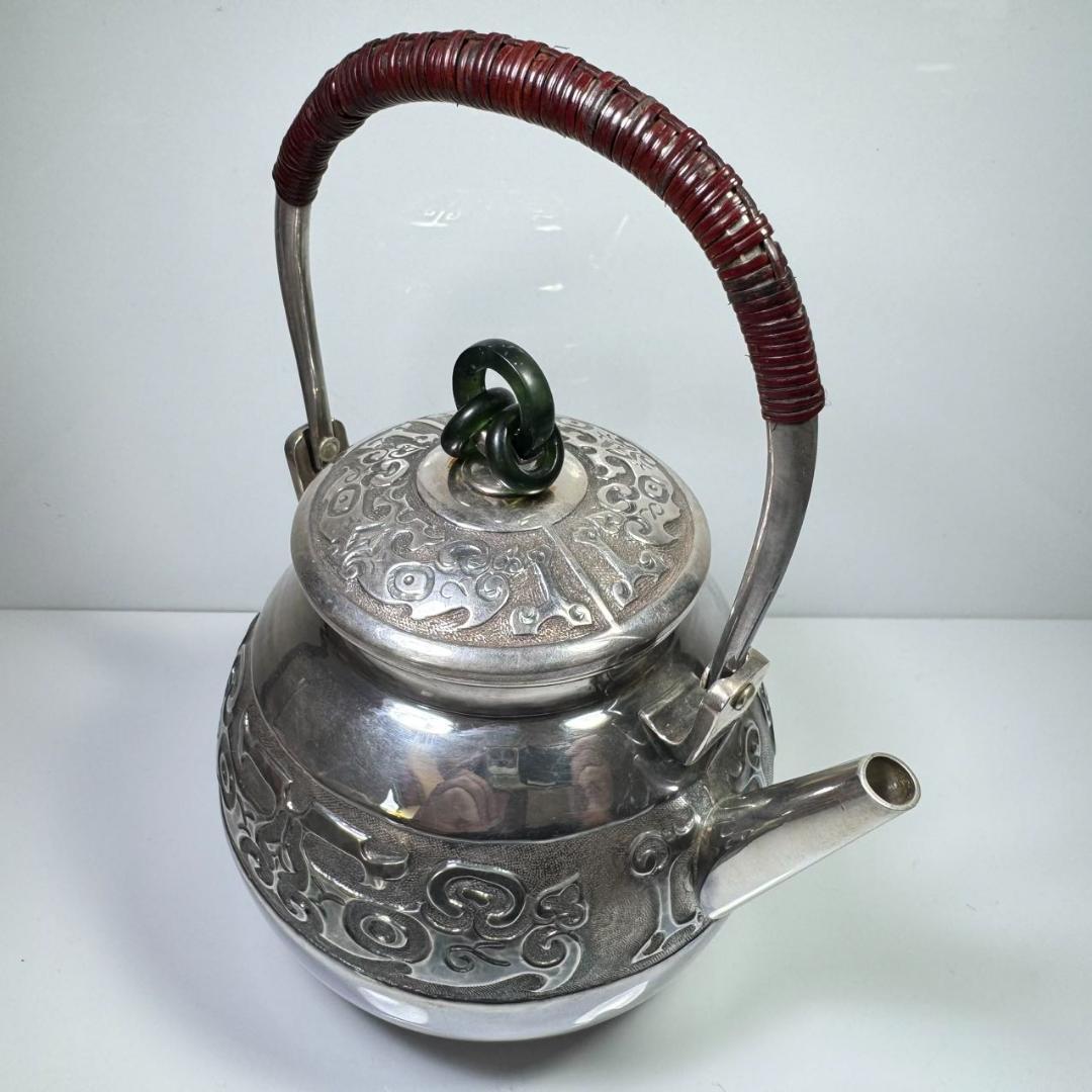 純銀製 蔵六 砲口湯沸 貴石摘 銀瓶 箱付 古美術品 純銀保証 湯沸 やかん