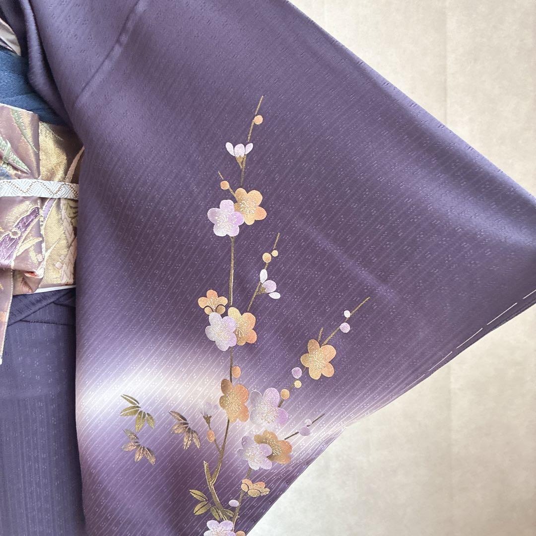訪問着　フルセット　着物　正絹　ロング丈　しつけ糸付き　紫　梅の枝　結婚式　G9