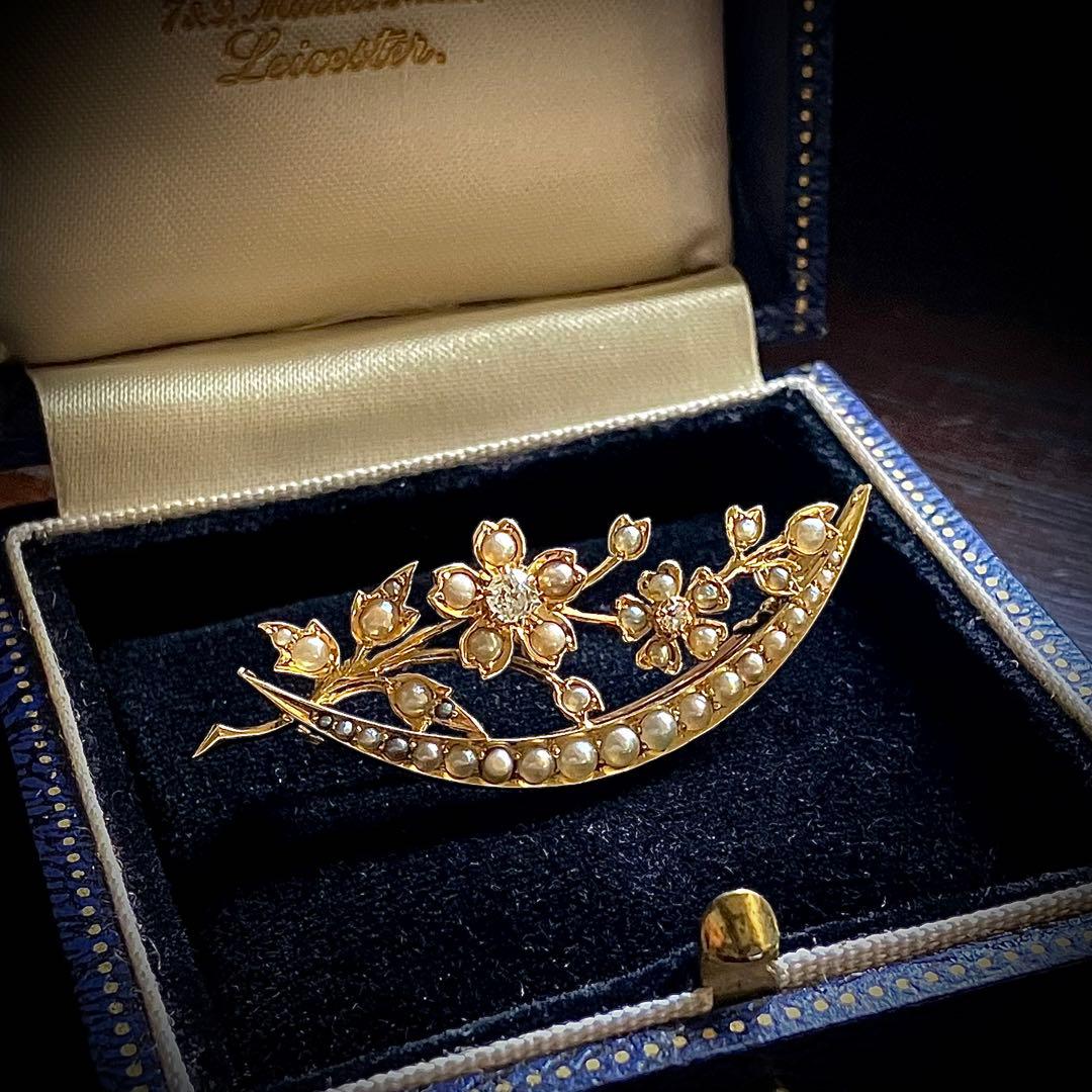 k18 ヴィクトリアン　オールドマインカットダイヤモンド＆シードパール　ブローチ