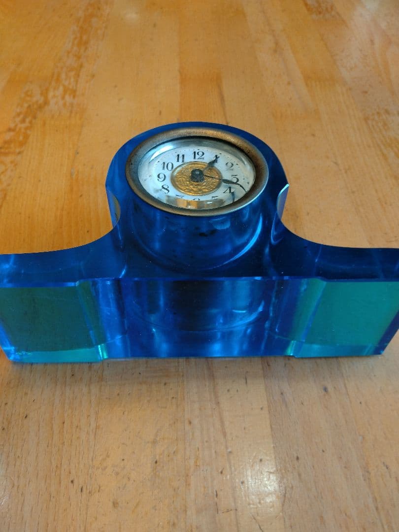 精工舎　青いウランガラス　置時計　ヴィンテージ　稼動品　ゼンマイ式