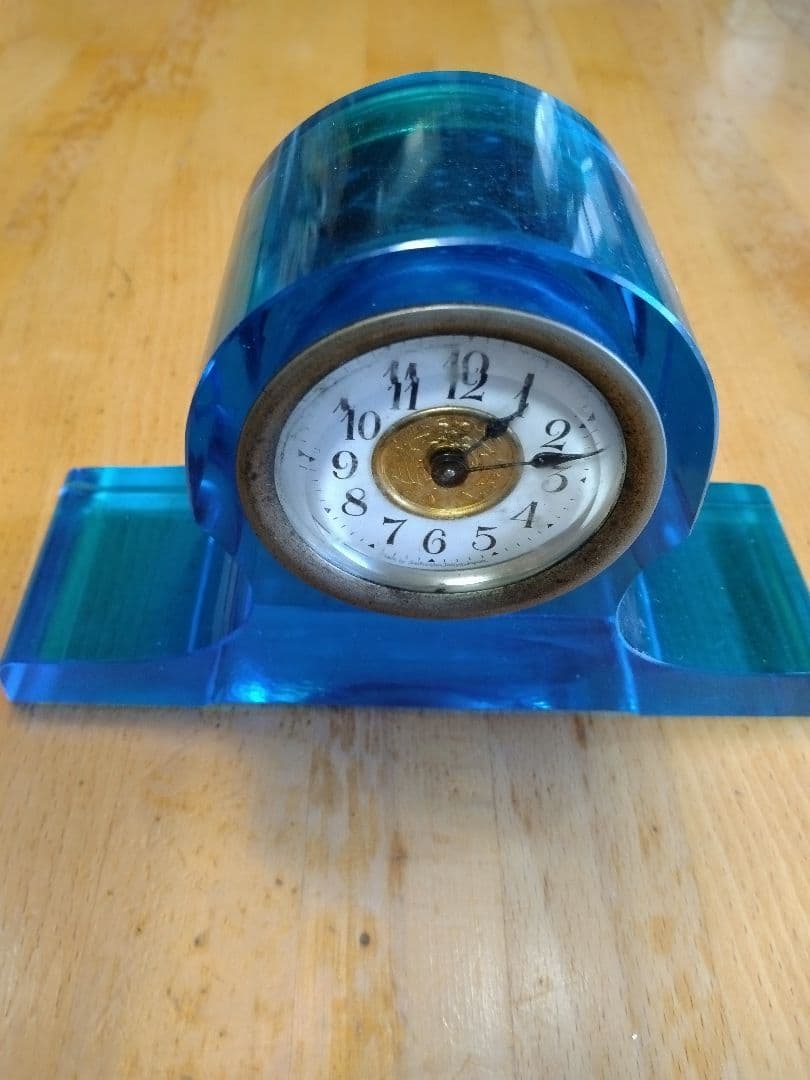 精工舎　青いウランガラス　置時計　ヴィンテージ　稼動品　ゼンマイ式