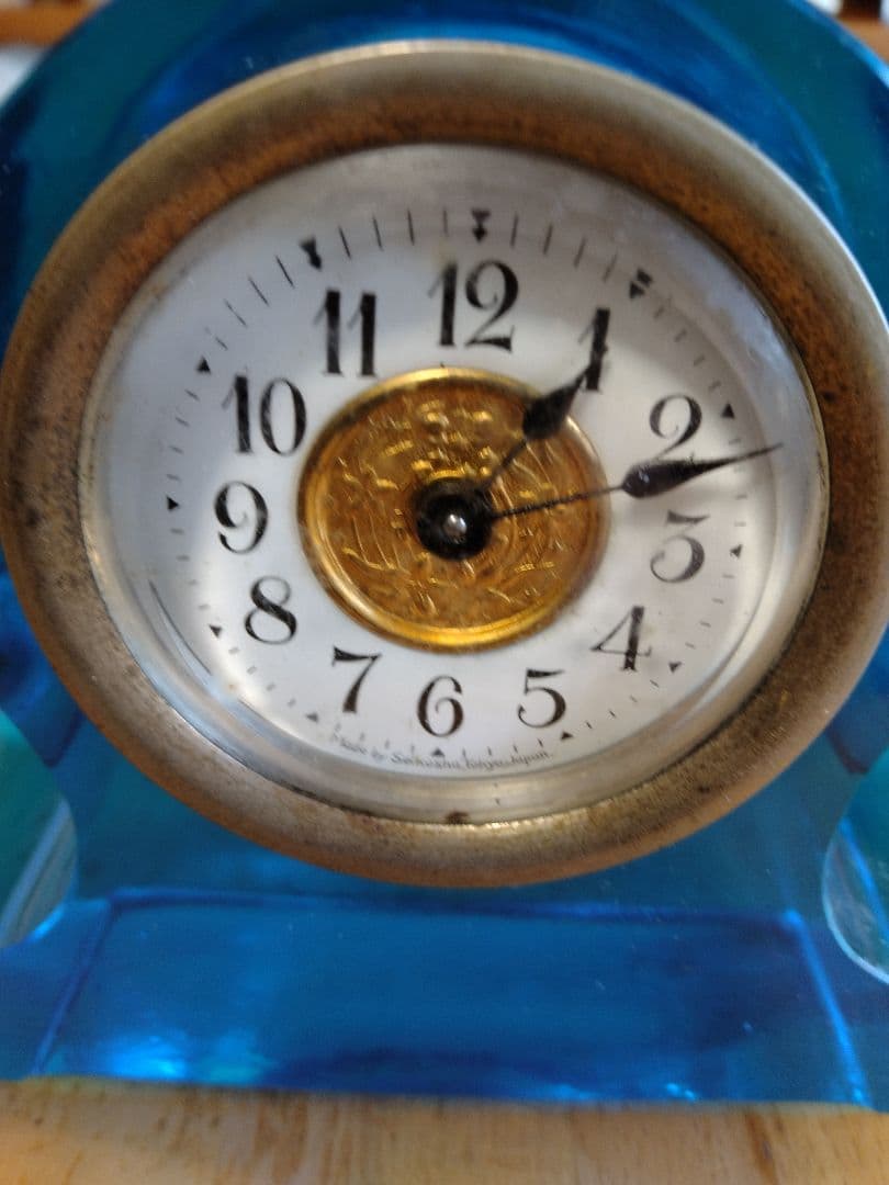 精工舎　青いウランガラス　置時計　ヴィンテージ　稼動品　ゼンマイ式