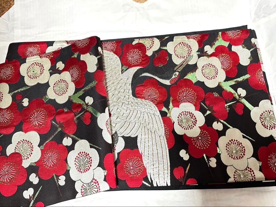 豆千代モダン　正絹　袋帯　西陣織　 鶴梅