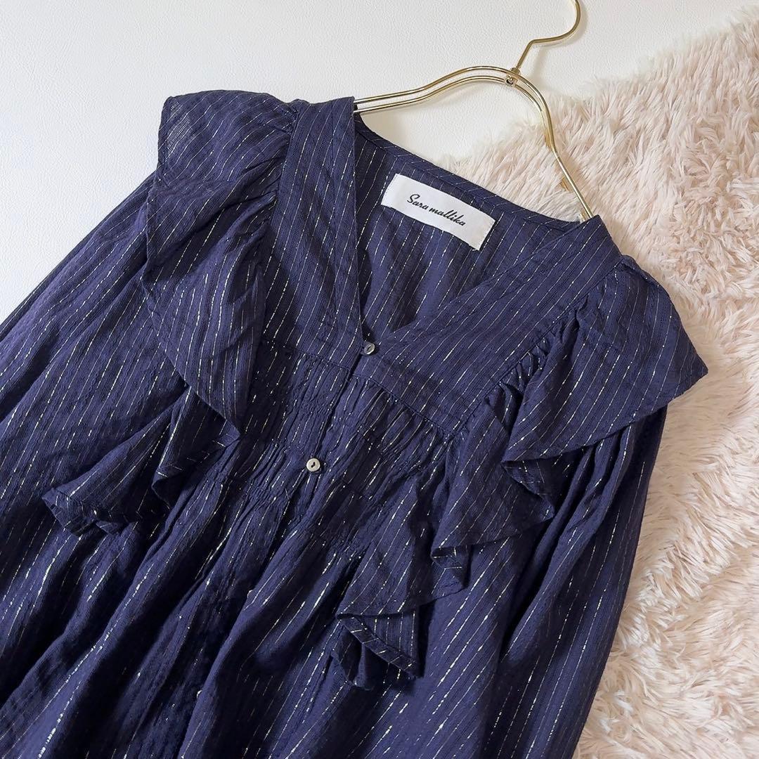 未使用級ꕥサラマリカ 2025 今季 コットンストライプジャガードフリルブラウス