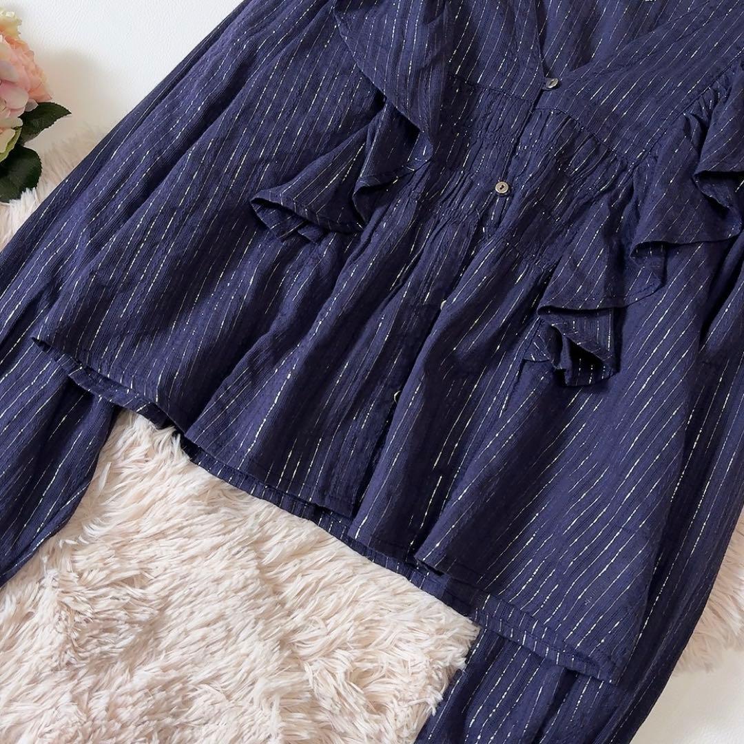 未使用級ꕥサラマリカ 2025 今季 コットンストライプジャガードフリルブラウス
