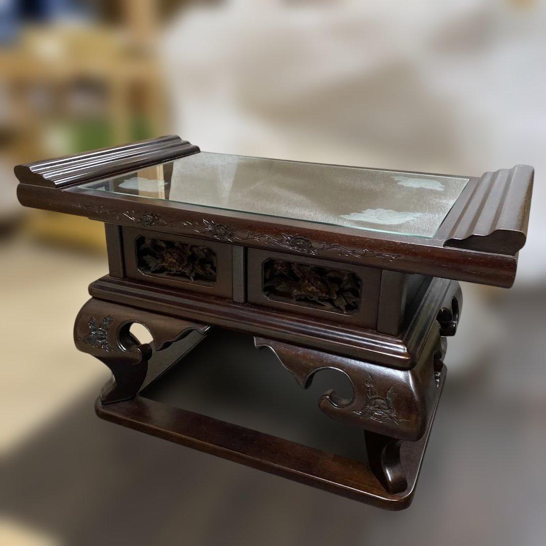 レア品 アジアンテイスト 家具 経机 ガラス ハスの花　彫刻 引出付 TB21