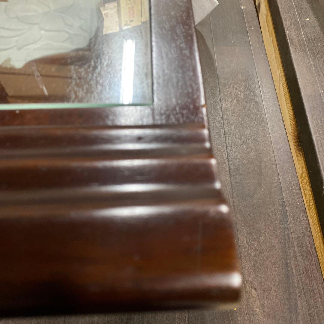 レア品 アジアンテイスト 家具 経机 ガラス ハスの花　彫刻 引出付 TB21