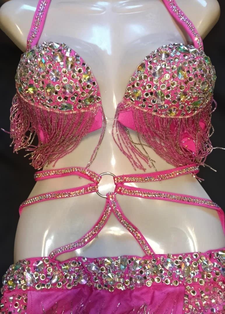 【新品Sale】エジプト製ネオンピンクビーズフリンジ ベリーダンス セットアップ