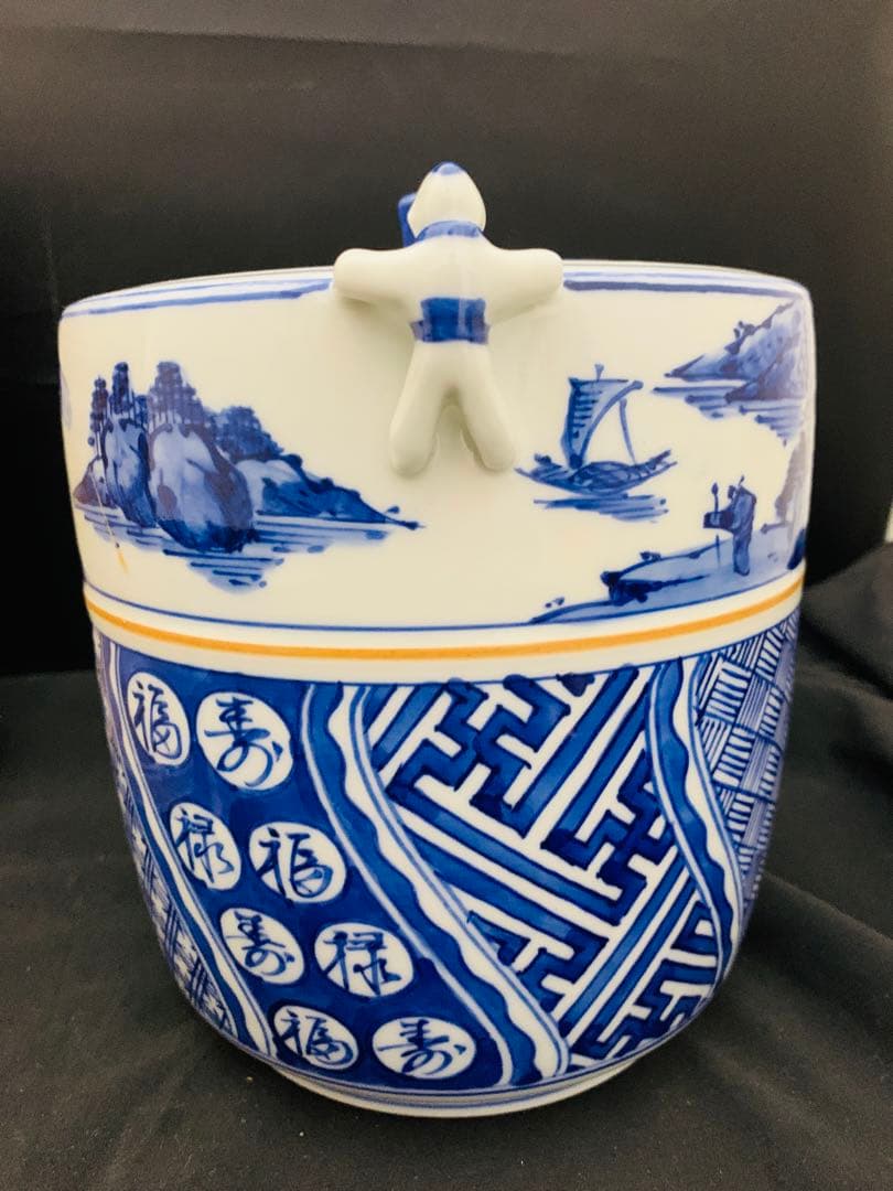 桃山窯　橋本喜泉　染付二宋神　唐子　水指　茶道具　栞黄布共箱付き