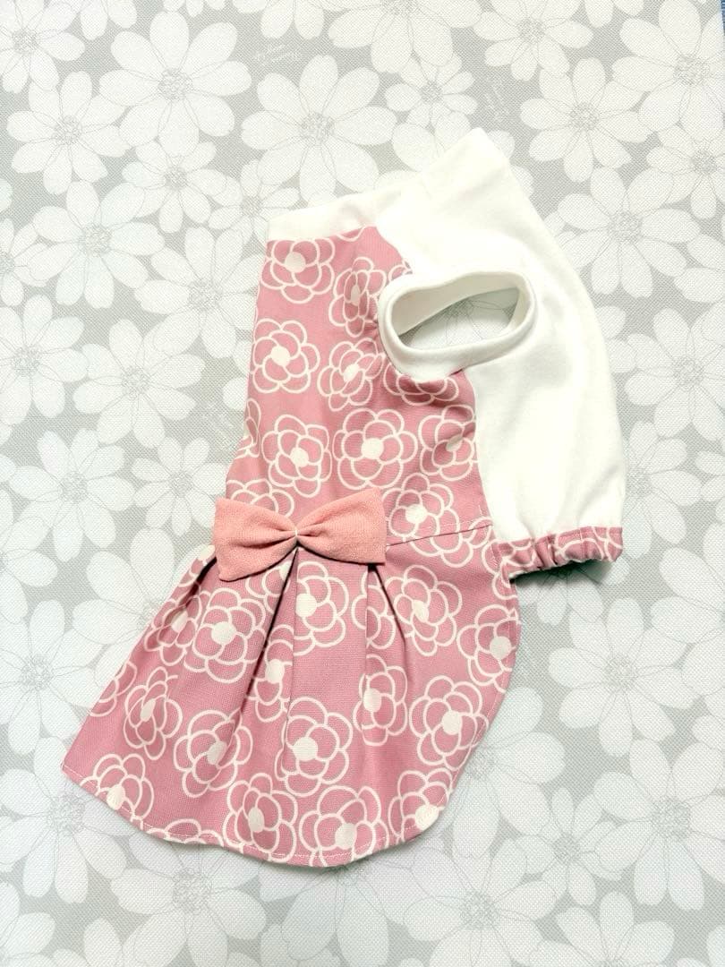 犬服ハンドメイド品 花柄リボン付きドレス ピンク