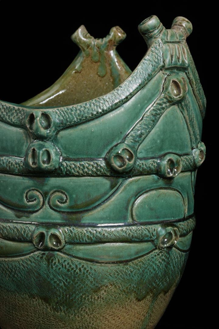 【富久窯 井上富三】縄文写花瓶 共箱 高さ37㎝ 緑釉 花器 花入 古美術 骨董