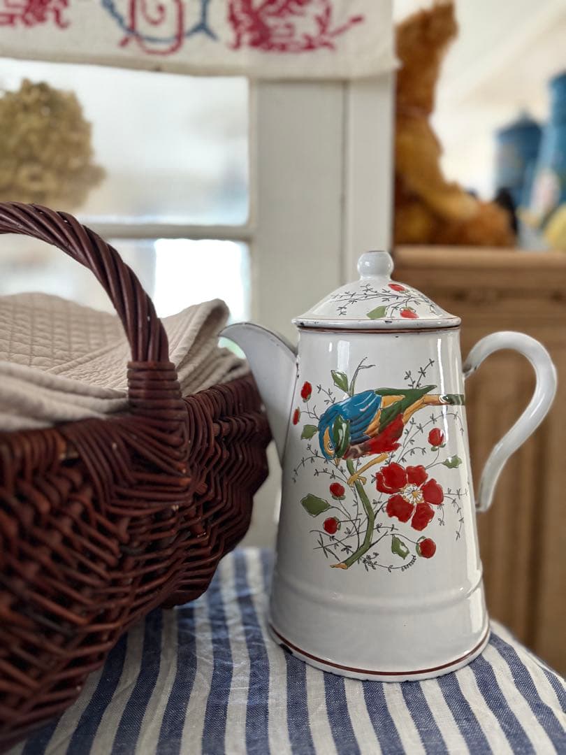 フランスアンティーク ホーロー 花と鳥の絵