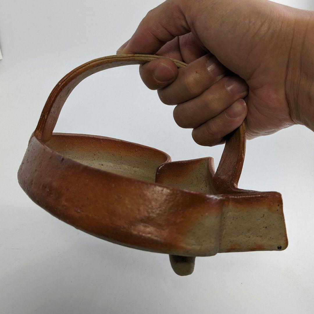 岡山県重要無形文化財 金重有邦 備前焼 「伊部ヒダスキ手付鉢」 共箱合布栞 緋襷