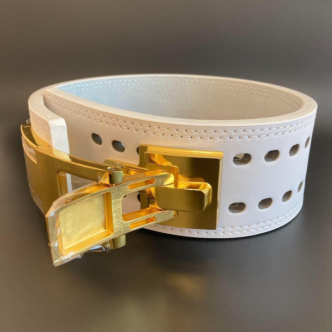 【訳あり】 パワーベルト レバーアクション ワンタッチ可変式　白×ゴールド