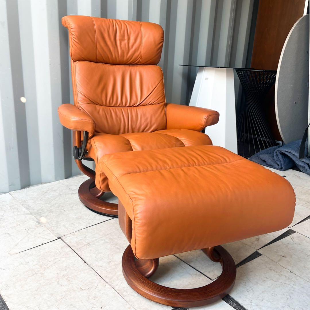 取付無料！エコーネス ストレスレス 本革オレンジリクライニングチェア・オットマン