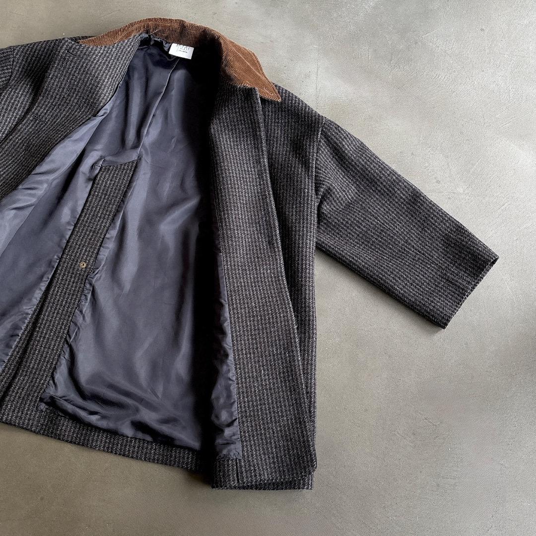 yuni ユニ＊美品＊千鳥チェック柄 コーデュロイ衿 ミドル丈ウールコート