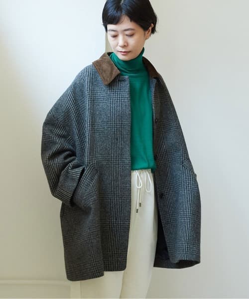 yuni ユニ＊美品＊千鳥チェック柄 コーデュロイ衿 ミドル丈ウールコート