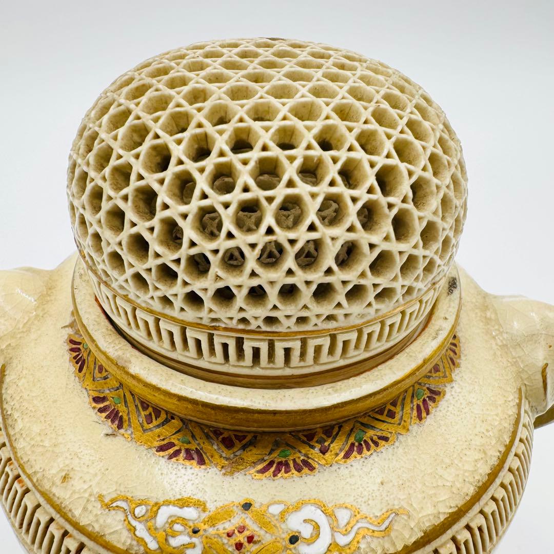 【白薩摩　光石窯　象耳香炉　色絵付け】骨董　アンティーク　インテリア