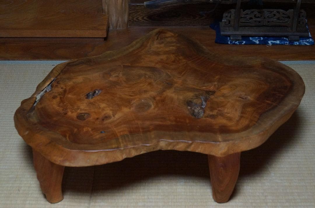 大型欅一枚板卓 脚付き花台 盆栽台 香炉台 煎茶台 自然体★重さ13.9ｋg