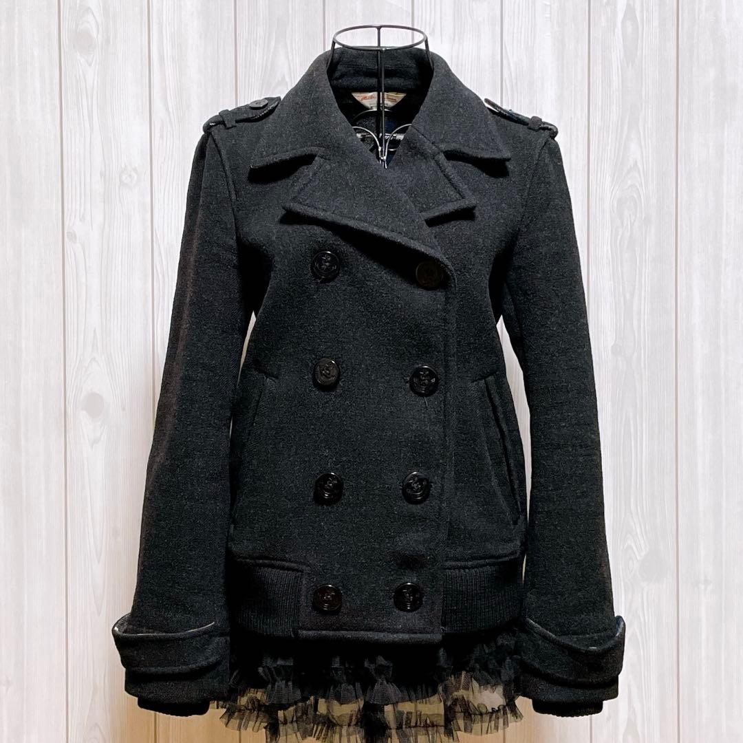 ピーコート ウール 厚手 ダークグレー 黒 平成ギャルy2k グランジ パンク