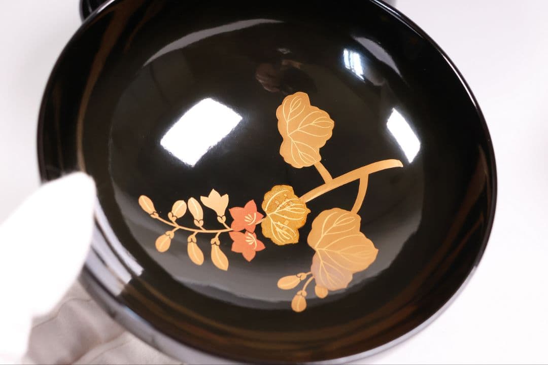 【CM402】天然木漆塗 菊桐鳳凰金蒔絵 黒塗 吸物椀 五客 昭和期 木製漆器