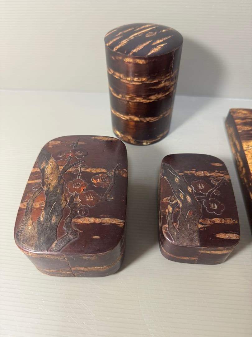 2354 桜皮細工　樺細工　蓋型小物入れ3客　茶入1客