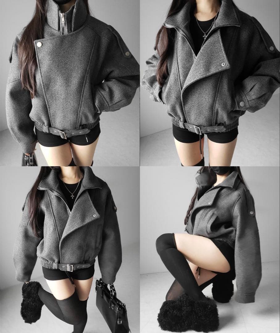 me+em select ウールライクベルテッドオーバーコート グレー