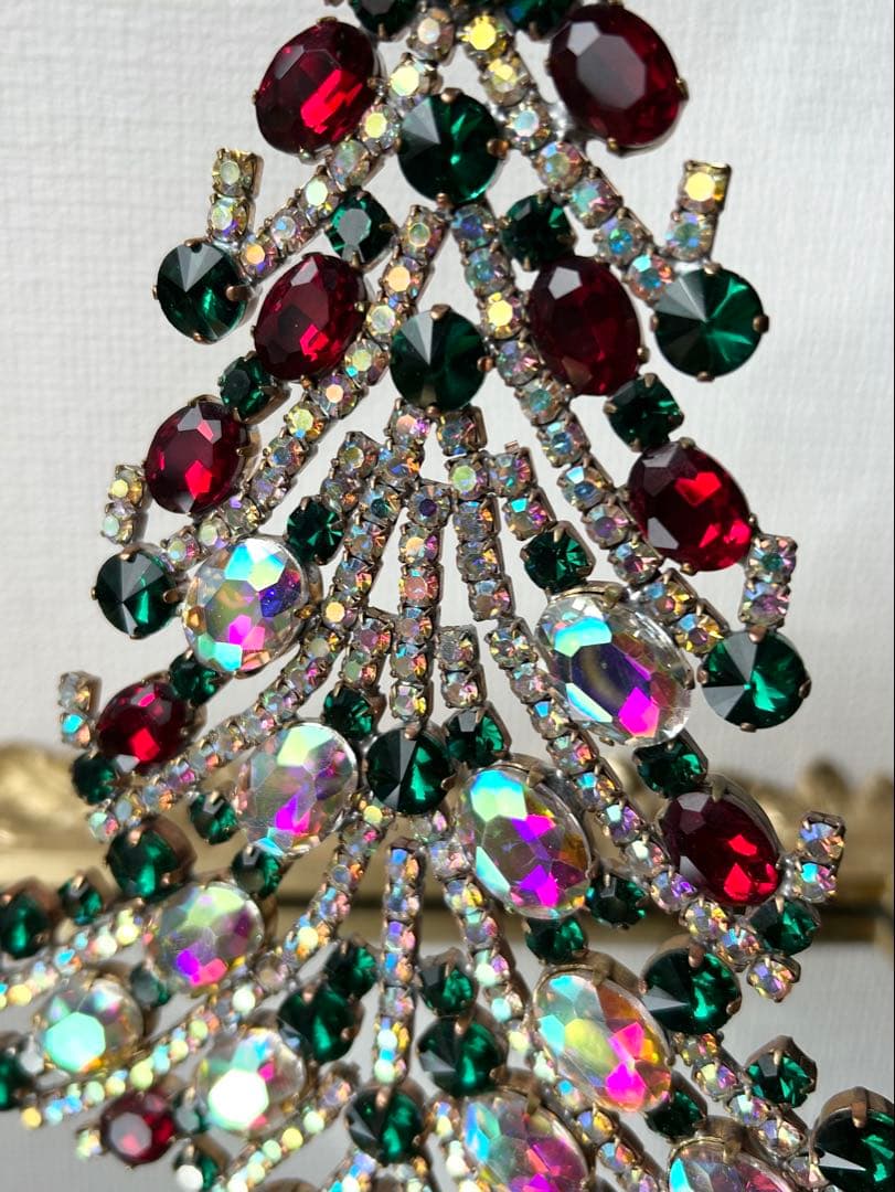 チェコガラス/ガラスツリー/赤/緑/オーロラ/卓上/クリスマス/ラインストーン