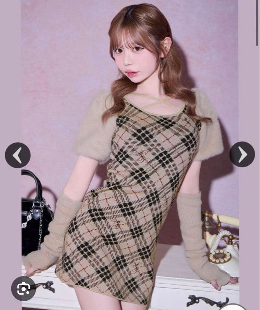 ミシェルマカロン♡ファースリーブチェックワンピース新品タグ付フリーサイズ