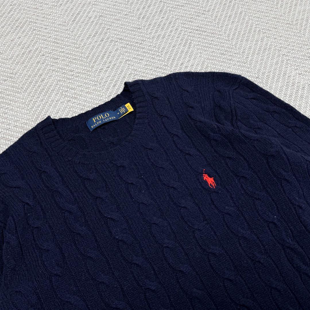 極美品 ポロラルフローレン 現行 カシミヤ混 ケーブルニット ネイビー M