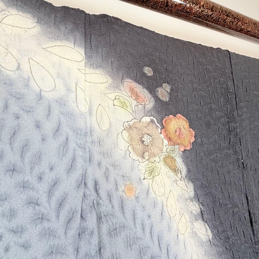 超美品　正絹　袷　訪問着　付け下げ　着物　辻ヶ花　膨れ織　黒　墨色　162裄69