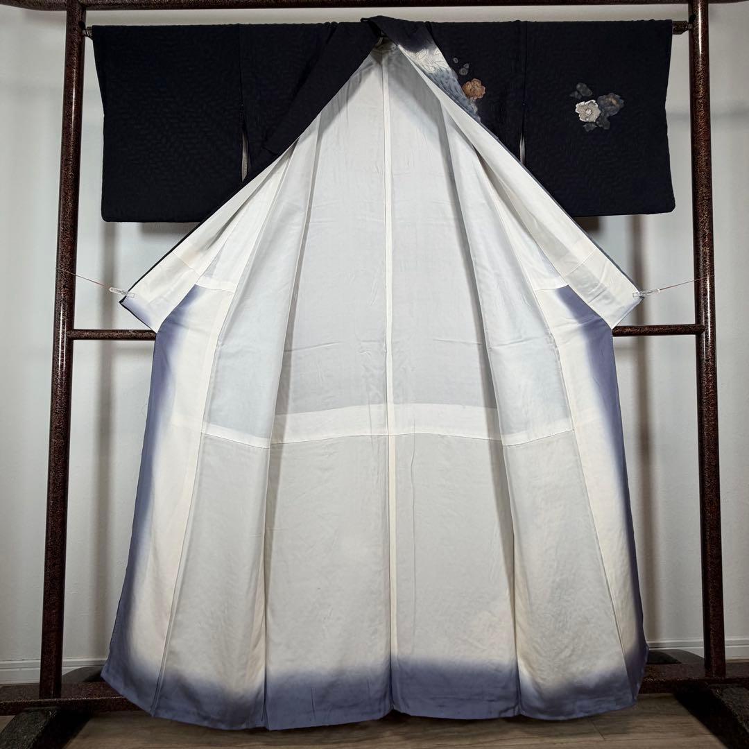 超美品　正絹　袷　訪問着　付け下げ　着物　辻ヶ花　膨れ織　黒　墨色　162裄69