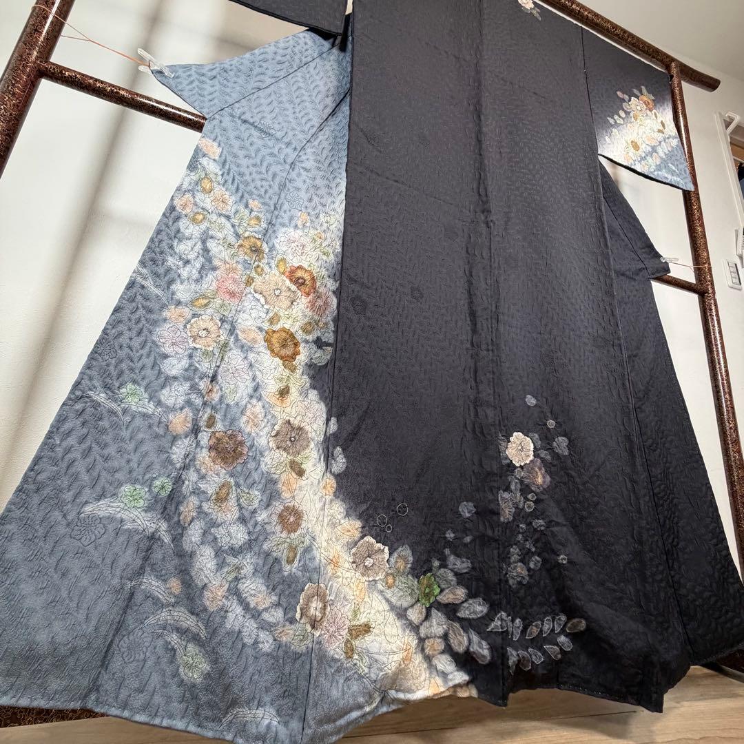 超美品　正絹　袷　訪問着　付け下げ　着物　辻ヶ花　膨れ織　黒　墨色　162裄69