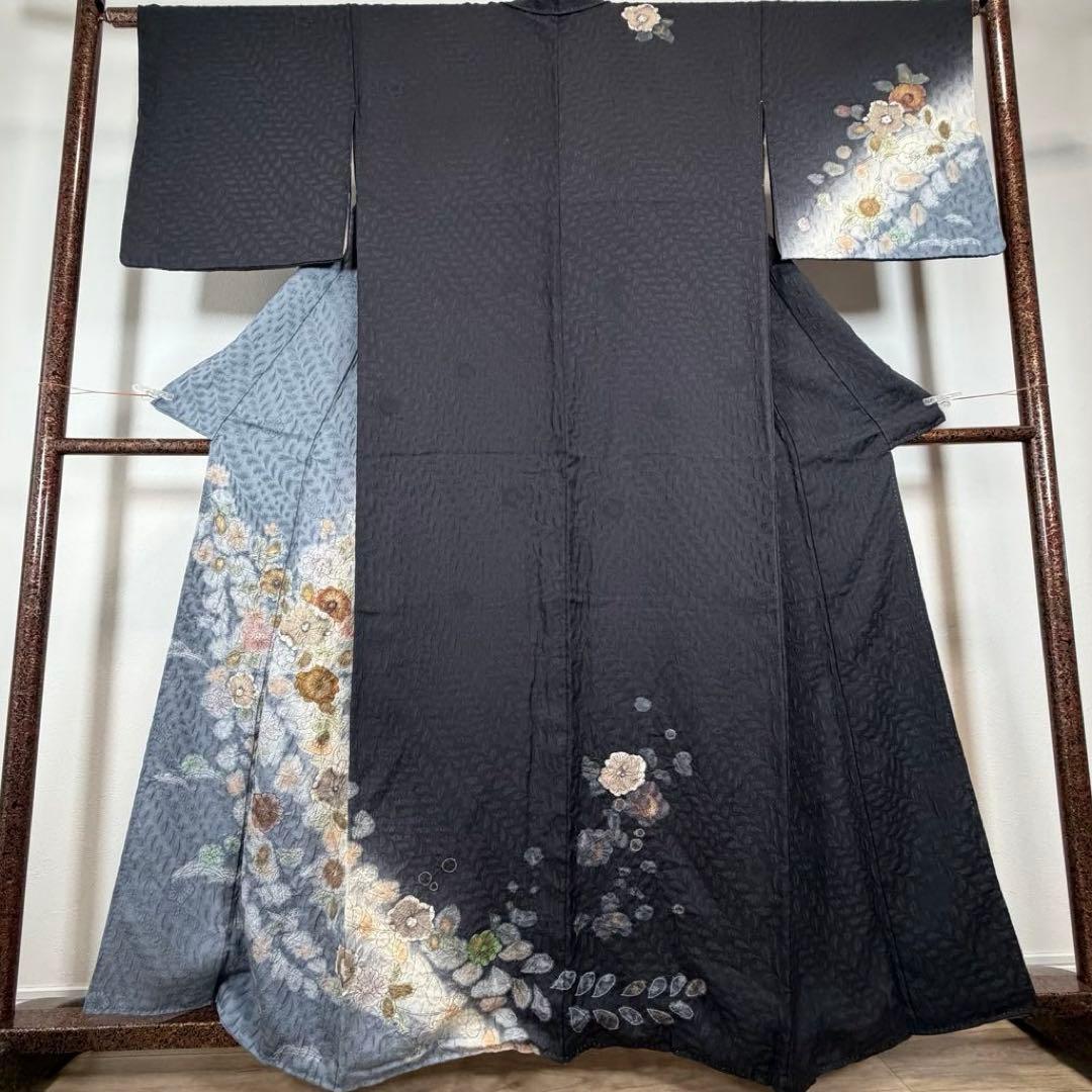 超美品　正絹　袷　訪問着　付け下げ　着物　辻ヶ花　膨れ織　黒　墨色　162裄69