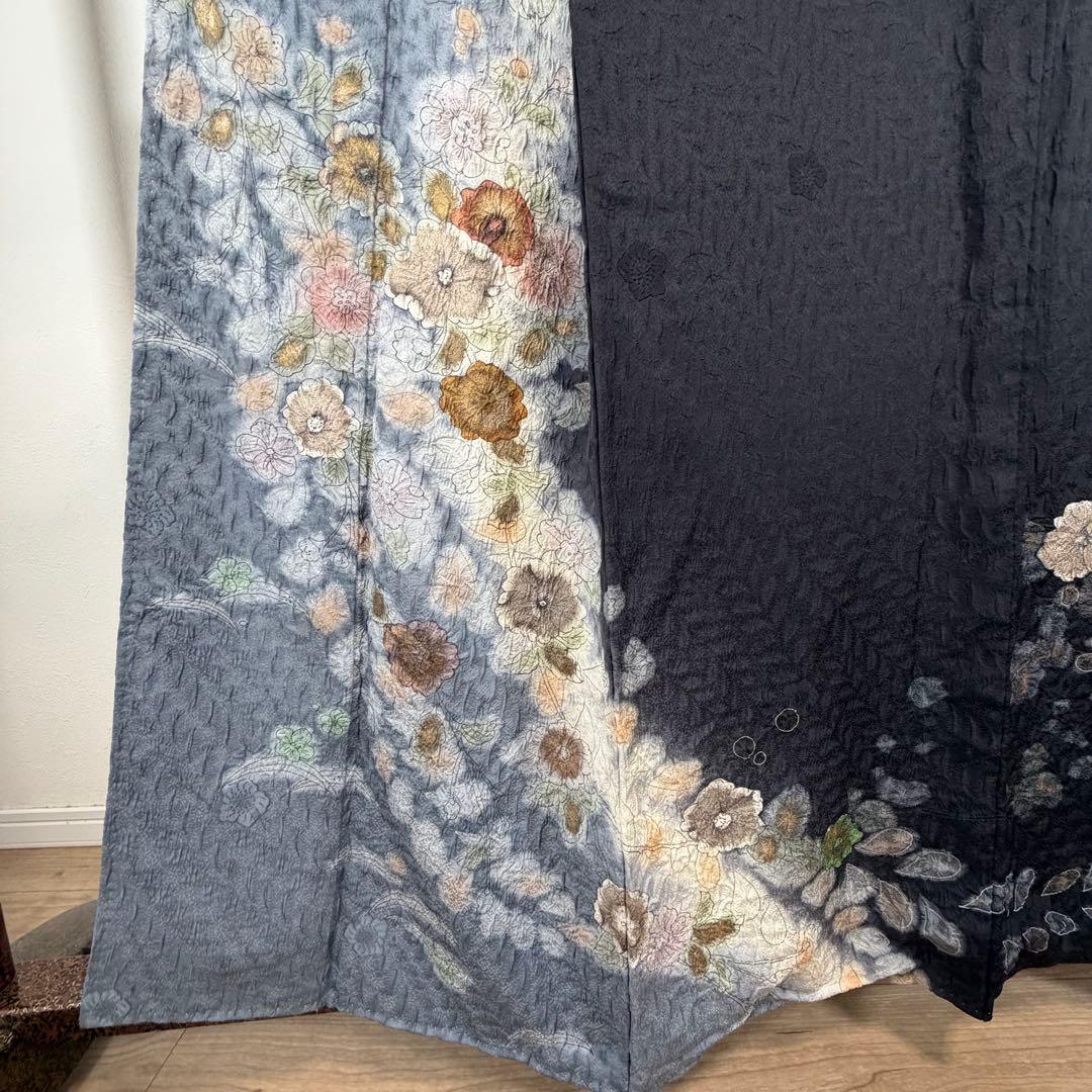 超美品　正絹　袷　訪問着　付け下げ　着物　辻ヶ花　膨れ織　黒　墨色　162裄69