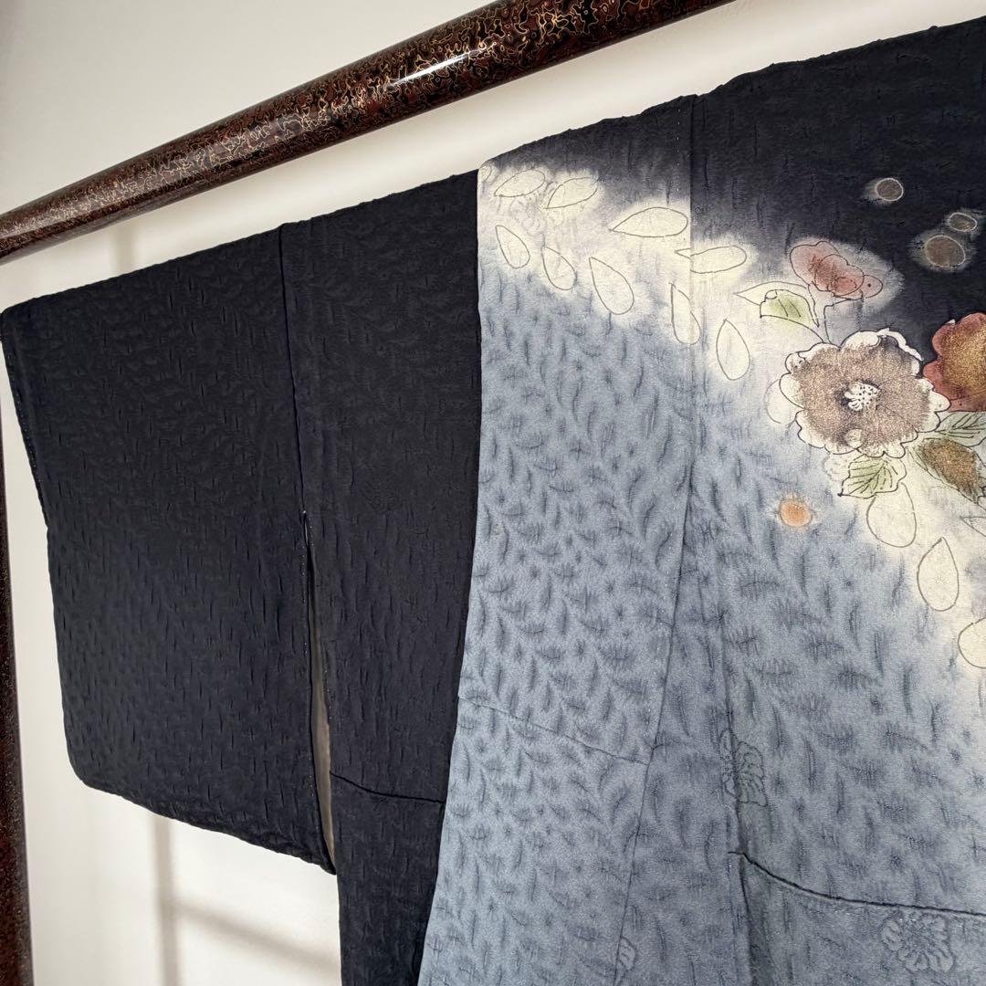 超美品　正絹　袷　訪問着　付け下げ　着物　辻ヶ花　膨れ織　黒　墨色　162裄69