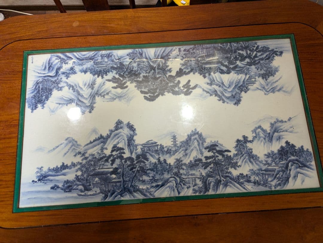 【沖縄・離島除く】有田焼、ダイニングテーブルセット、『染付山水絵陶板』神右衛門窯