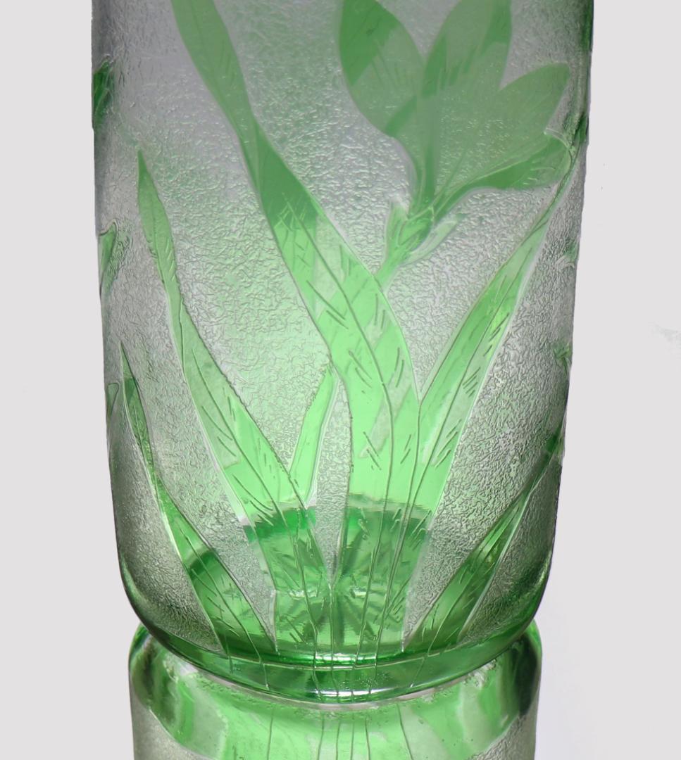 オールド・バカラ 1880年頃美術館級 緑色被せ硝子 特大アシッドエッチング花瓶