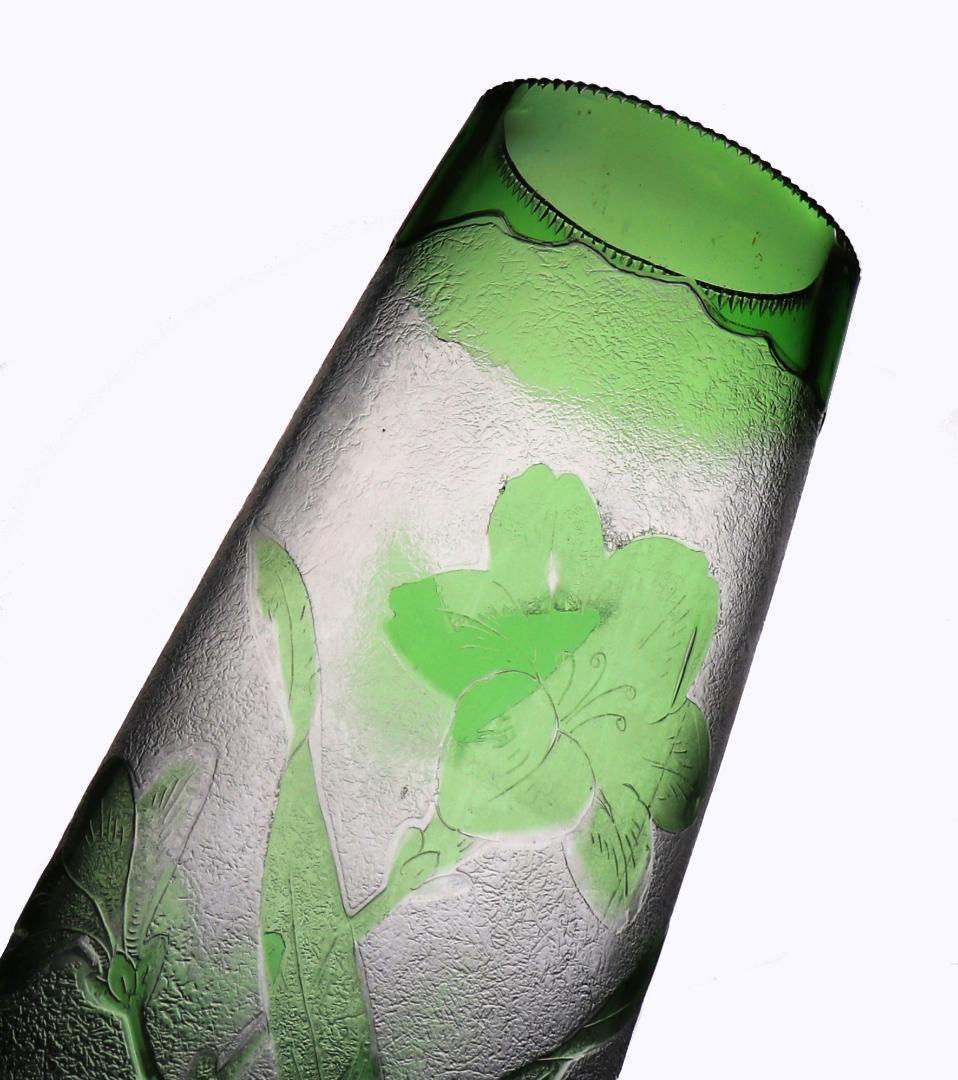 オールド・バカラ 1880年頃美術館級 緑色被せ硝子 特大アシッドエッチング花瓶